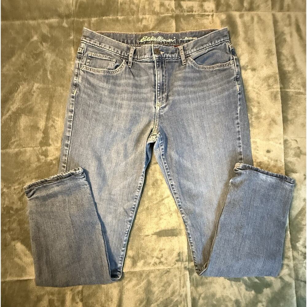 Eddie Bauer Women’s Size 8 Boyfriend Fit Flannel Lined Jeans Blue Denim Plaid